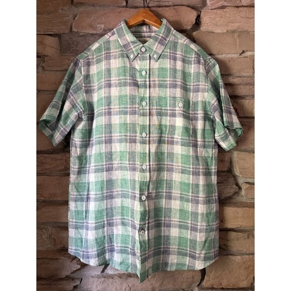 Weatherproof Vintage Mens Short Sleeve Shirt Washable Linen Green Plaid Sz M - Picture 1 of 10